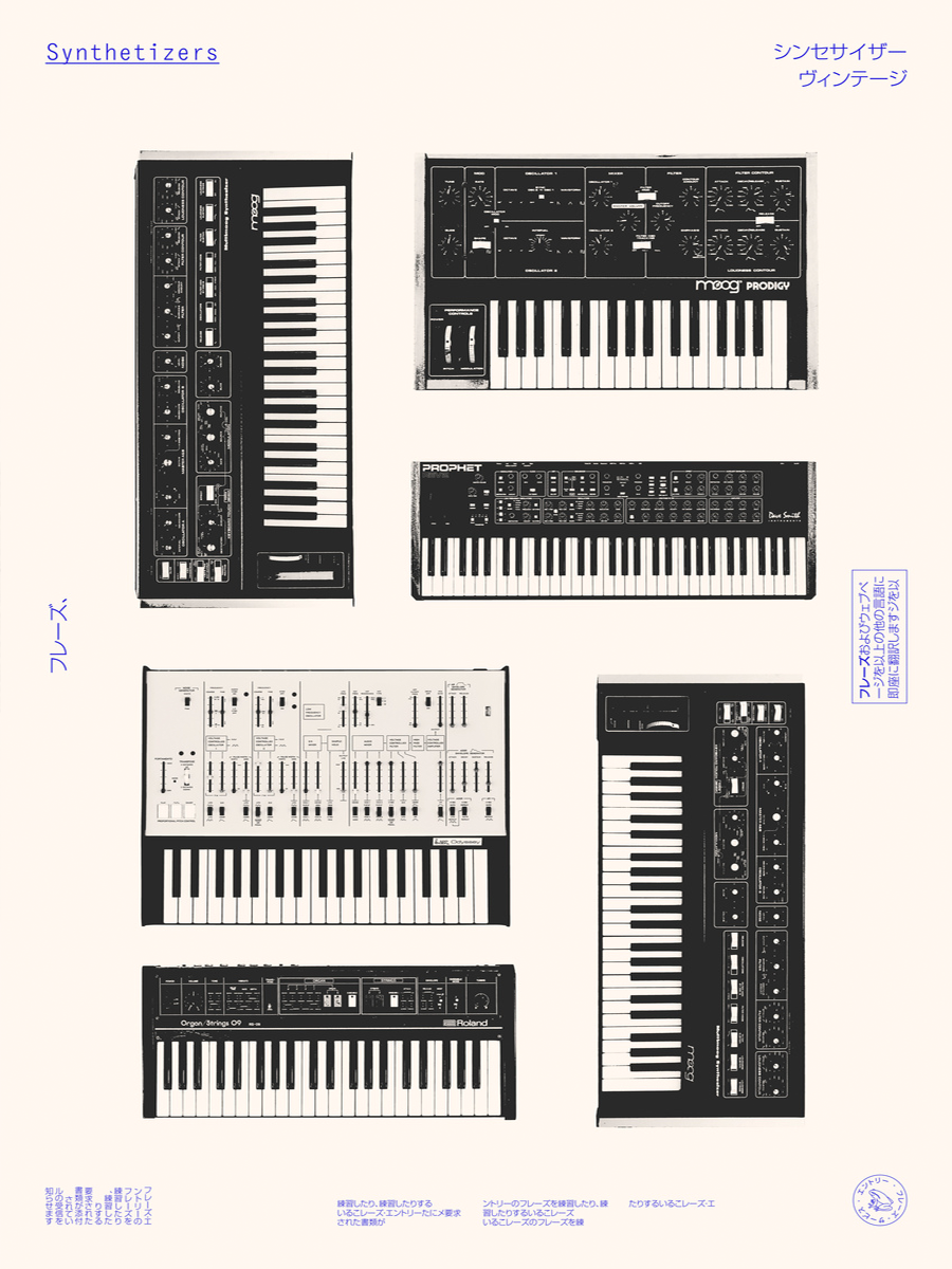 Poster mit handgezeichneten Vintage-Synthesizern in einem Retro-Look.
