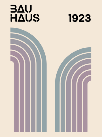 Grafische Illustration mit zwei geometrischen Formen in Lila und Blau und dem Text Bauhaus 1923.