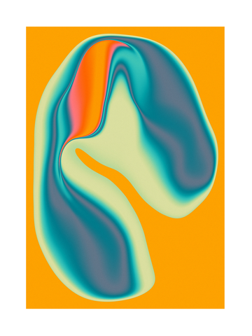 Abstrakte Formen in Türkis und Orange auf gelbem Hintergrund.