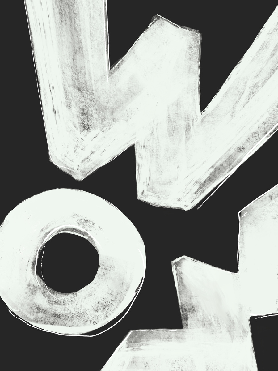 Abstrakte weiße Buchstaben auf schwarzem Hintergrund.