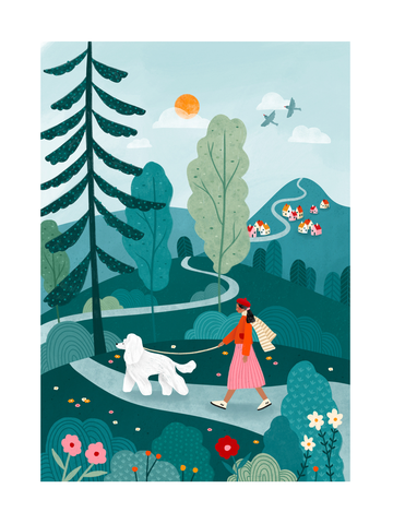 Illustration einer Frau, die mit ihrem Hund in einer bunten Landschaft spazieren geht.