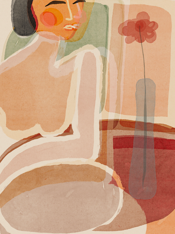 Illustration einer Frau vor einem Spiegel in Rosa und Beige.