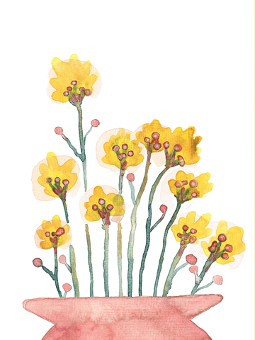 Aquarellposter mit gelbem und rosa Blumenstrauß in einem rosa Topf.