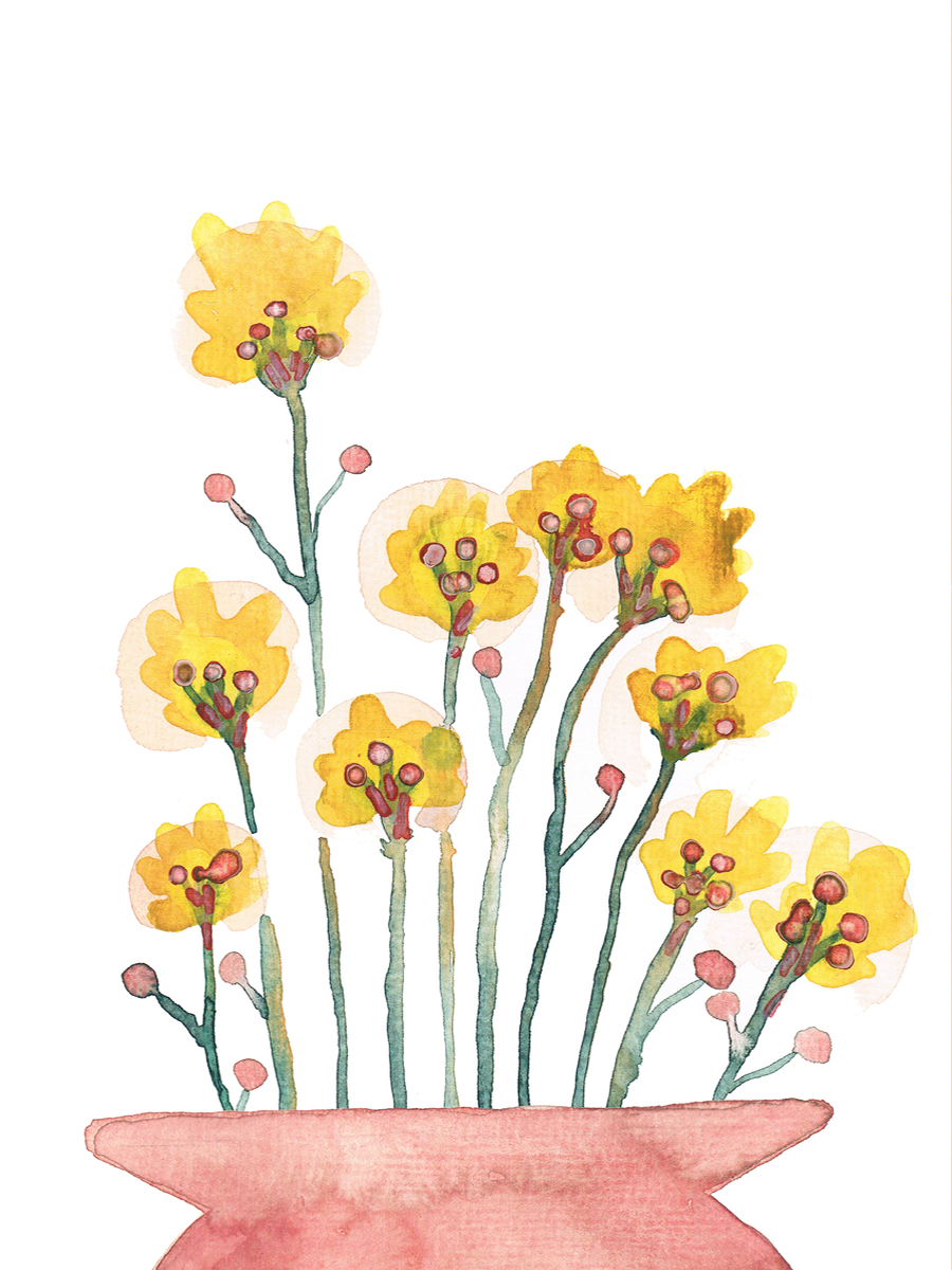 Aquarellposter mit gelbem und rosa Blumenstrauß in einem rosa Topf.