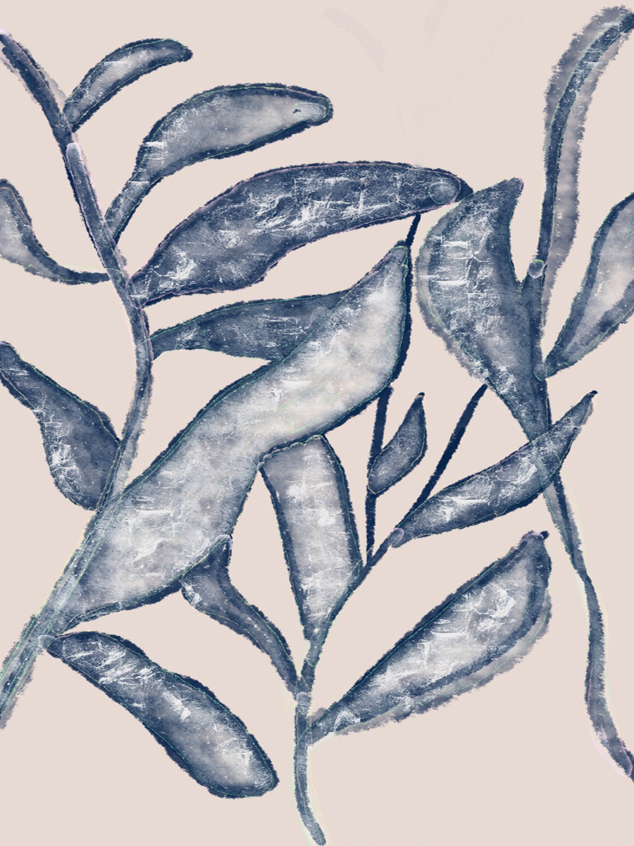 Abstrakter Pflanzenstrauß in Blau auf hellrosa Hintergrund.