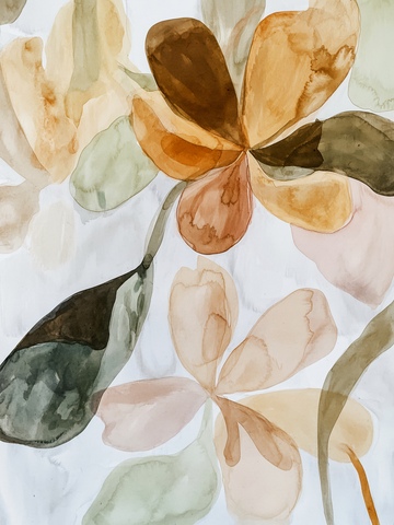 Aquarell-Illustration von Blumen in sanften, erdigen Tönen.