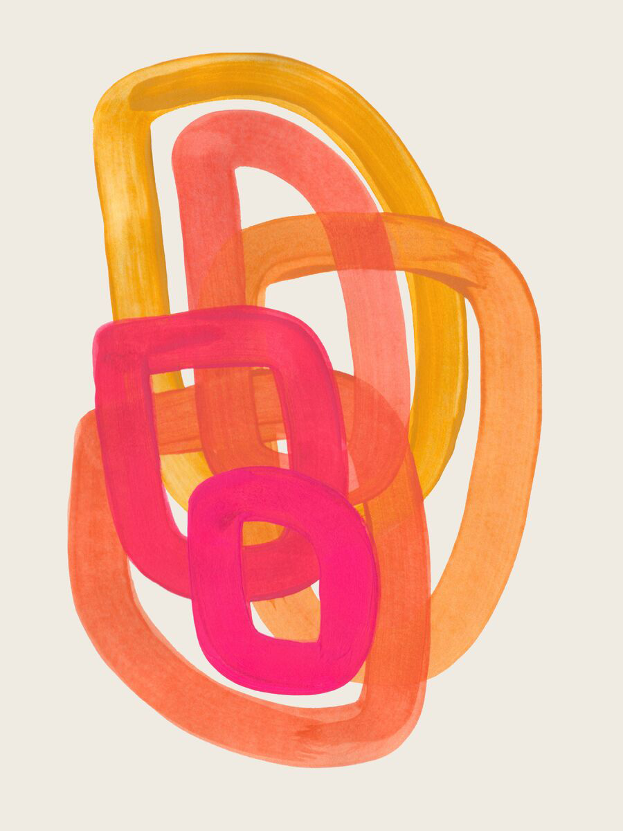 Abstraktes Poster mit ineinander verschlungenen Formen in Rot, Rosa, Orange und Gelb auf hellbeigem Hintergrund.