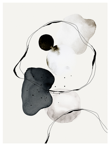 Aquarell-Illustration mit schwarzen und beigen Farbklecksen und Linien auf hellgrauem Hintergrund.