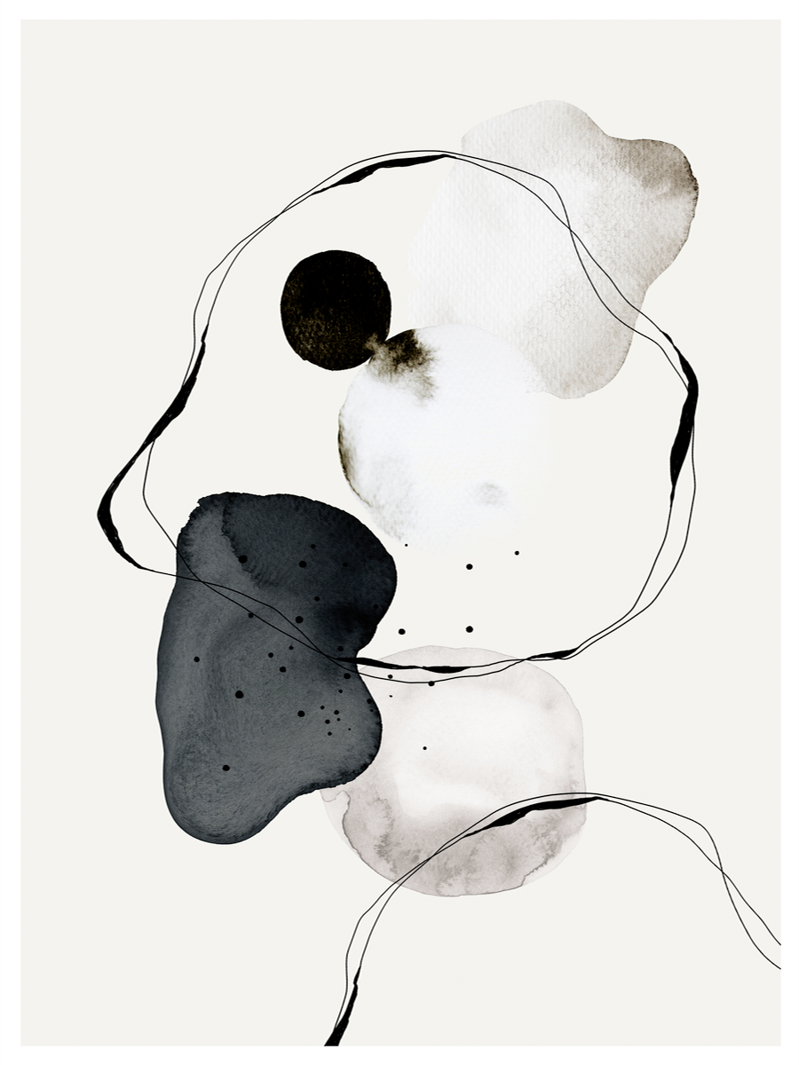 Aquarell-Illustration mit schwarzen und beigen Farbklecksen und Linien auf hellgrauem Hintergrund.