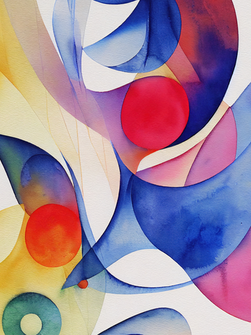 Abstraktes Aquarell-Kunstwerk mit überlappenden Farben in Rot, Blau, Gelb und Grün, die kreisförmige Formen bilden.