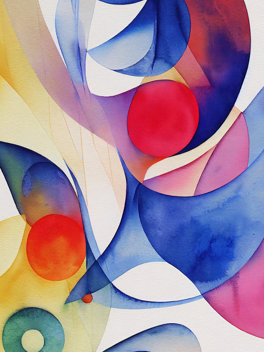Abstraktes Aquarell-Kunstwerk mit überlappenden Farben in Rot, Blau, Gelb und Grün, die kreisförmige Formen bilden.