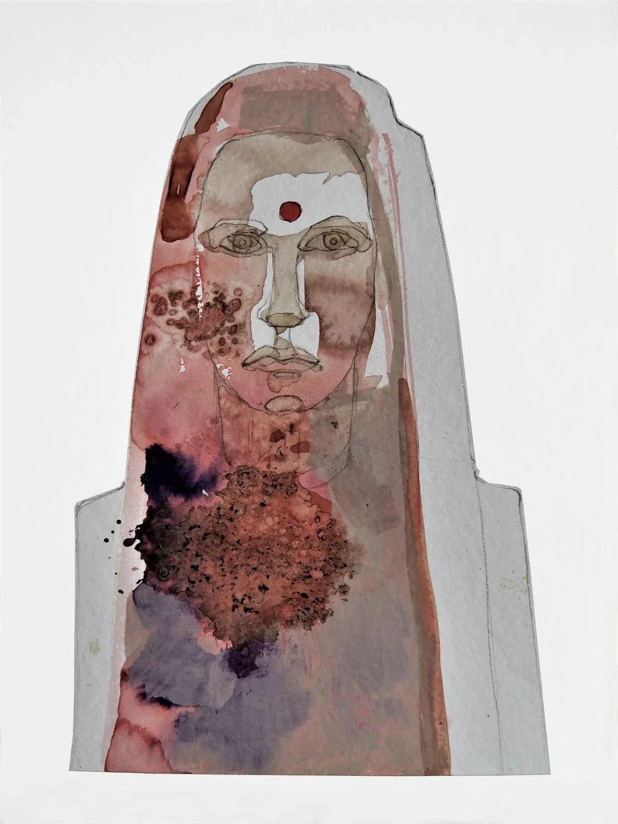 Aquarell einer Frau mit einem roten Punkt auf der Stirn vor weißem Hintergrund.