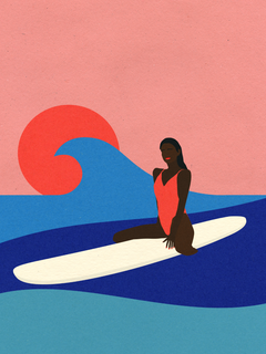 Illustration einer Frau auf einem Surfbrett im Meer mit rosa Himmel und roter Sonne.