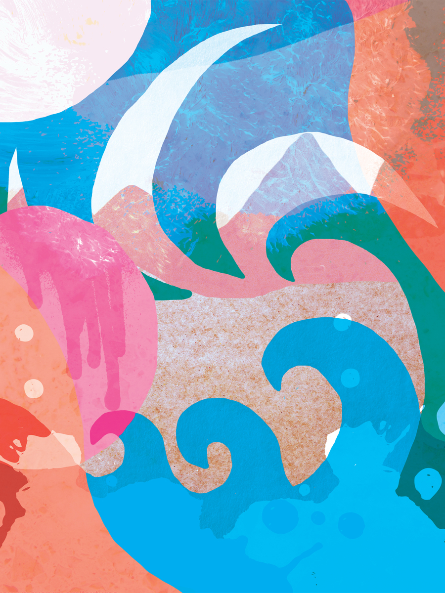 Abstraktes Poster mit bunten Wellen und Formen in Blau, Pink, Grün, Beige und Weiß.