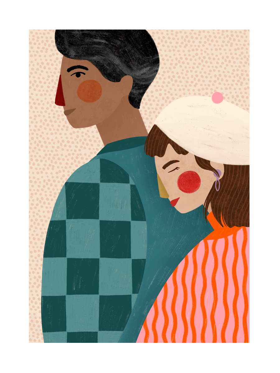 Illustration von zwei Menschen in bunter Kleidung, Frau lehnt Kopf auf die Schulter eines Mannes, mit beigem Hintergrund und Punkten.