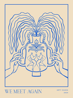 Illustration einer blauen Vase mit symmetrischen Mustern auf beigefarbenem Hintergrund und dem Text "We meet again".
