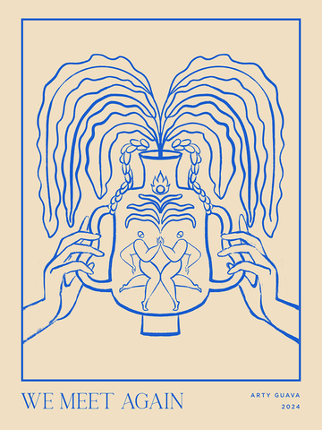 Illustration einer blauen Vase mit symmetrischen Mustern auf beigefarbenem Hintergrund und dem Text "We meet again".
