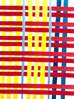 Handgemaltes Streifenmuster in Rot, Gelb und Blau.