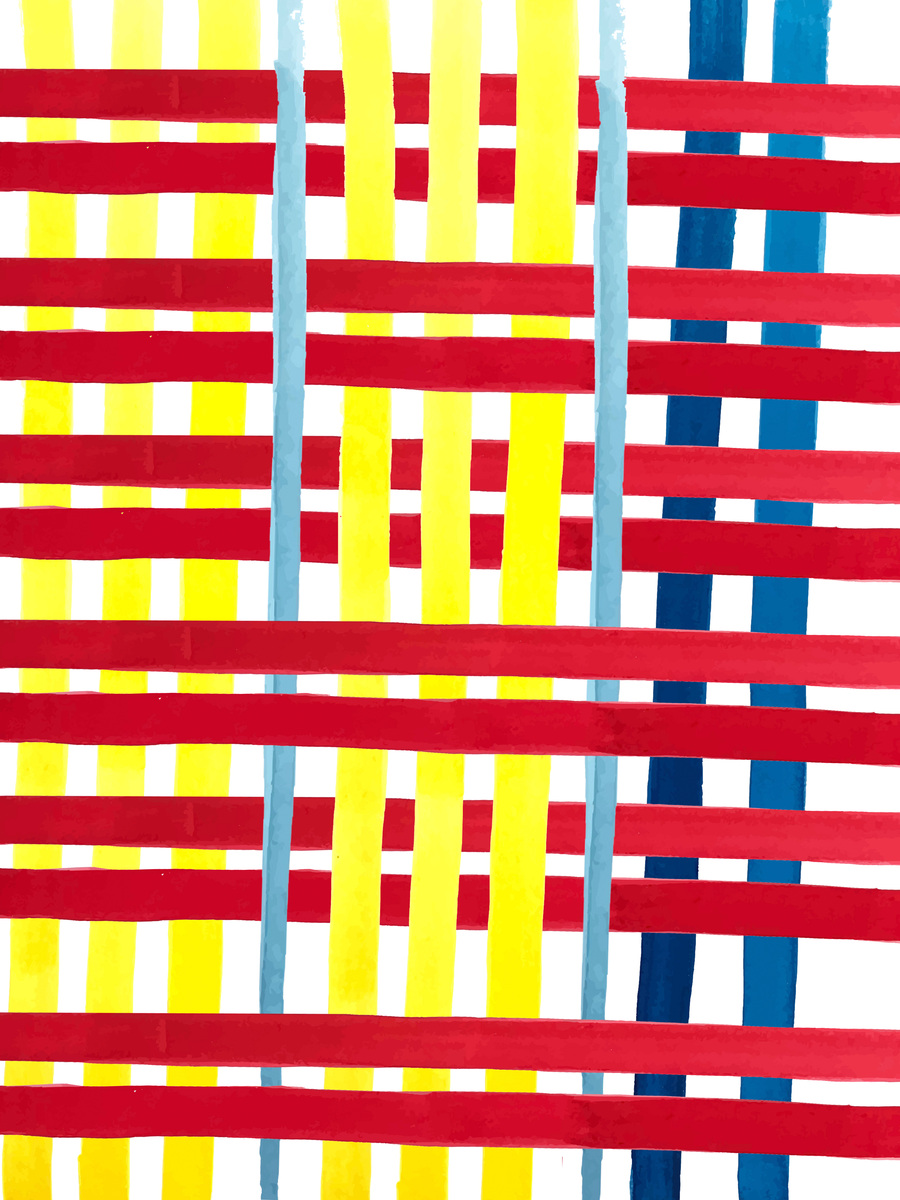 Handgemaltes Streifenmuster in Rot, Gelb und Blau.