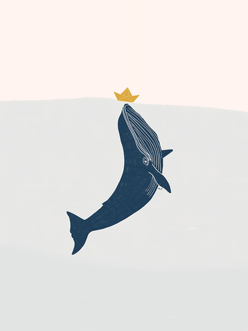 Illustration eines Wals mit einem gelben Papierboot auf der Nase vor einem hellgrauen Hintergrund.