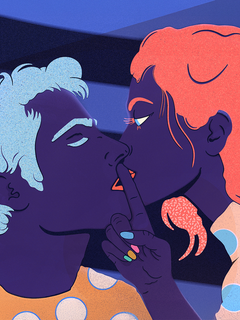 Illustration eines küssenden Paares mit Regenbogenlinien auf ihren Gesichtern.