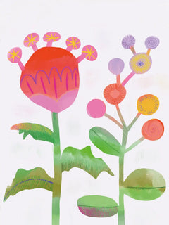 Eine naive und farbenfrohe Illustration abstrakter und fantasievoller Blumen auf weißem Grund.
