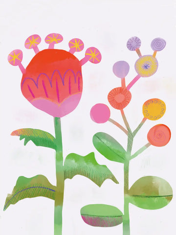 Eine naive und farbenfrohe Illustration abstrakter und fantasievoller Blumen auf weißem Grund.