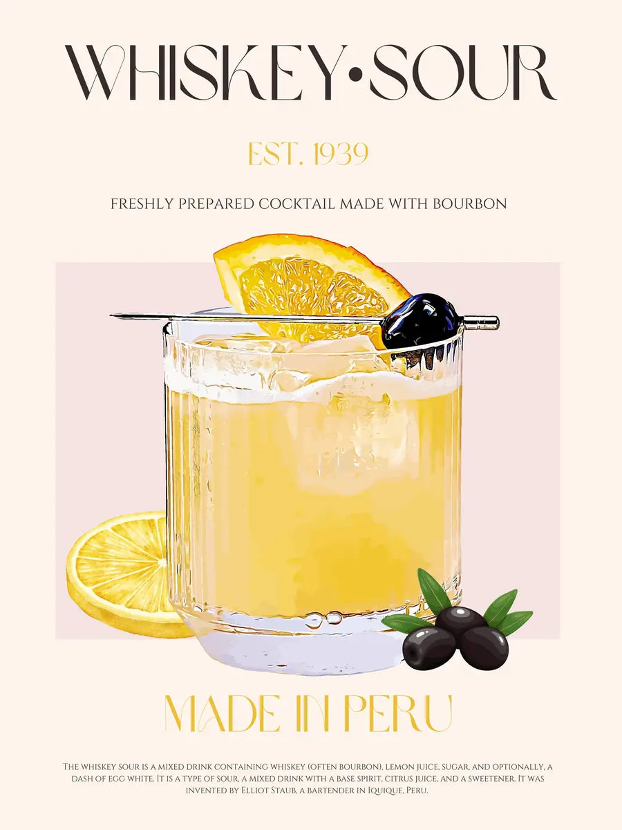 Illustration eines Whiskey Sour Cocktails mit Orangenscheibe und Kirsche, inklusive Rezeptdetails.