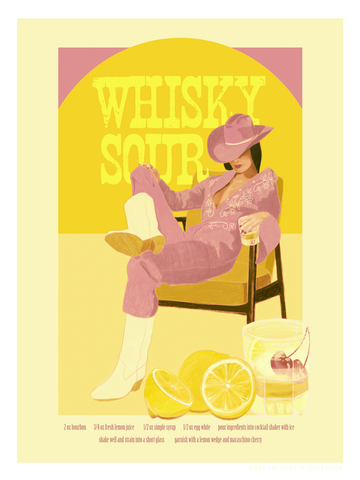 Poster einer Frau in rosa Cowboy-Outfit mit einem Whisky Sour und Rezept darunter.