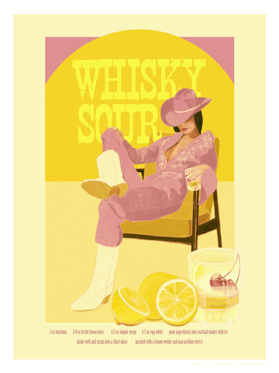 Poster einer Frau in rosa Cowboy-Outfit mit einem Whisky Sour und Rezept darunter.