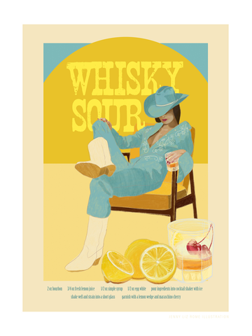 Frau in blauem Cowgirl-Outfit trinkt Whisky Sour, mit Cocktail und Zutaten abgebildet.