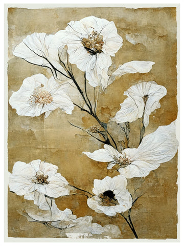 Poster mit weißen Blumen auf braunem Hintergrund und schwarzen Stielen.