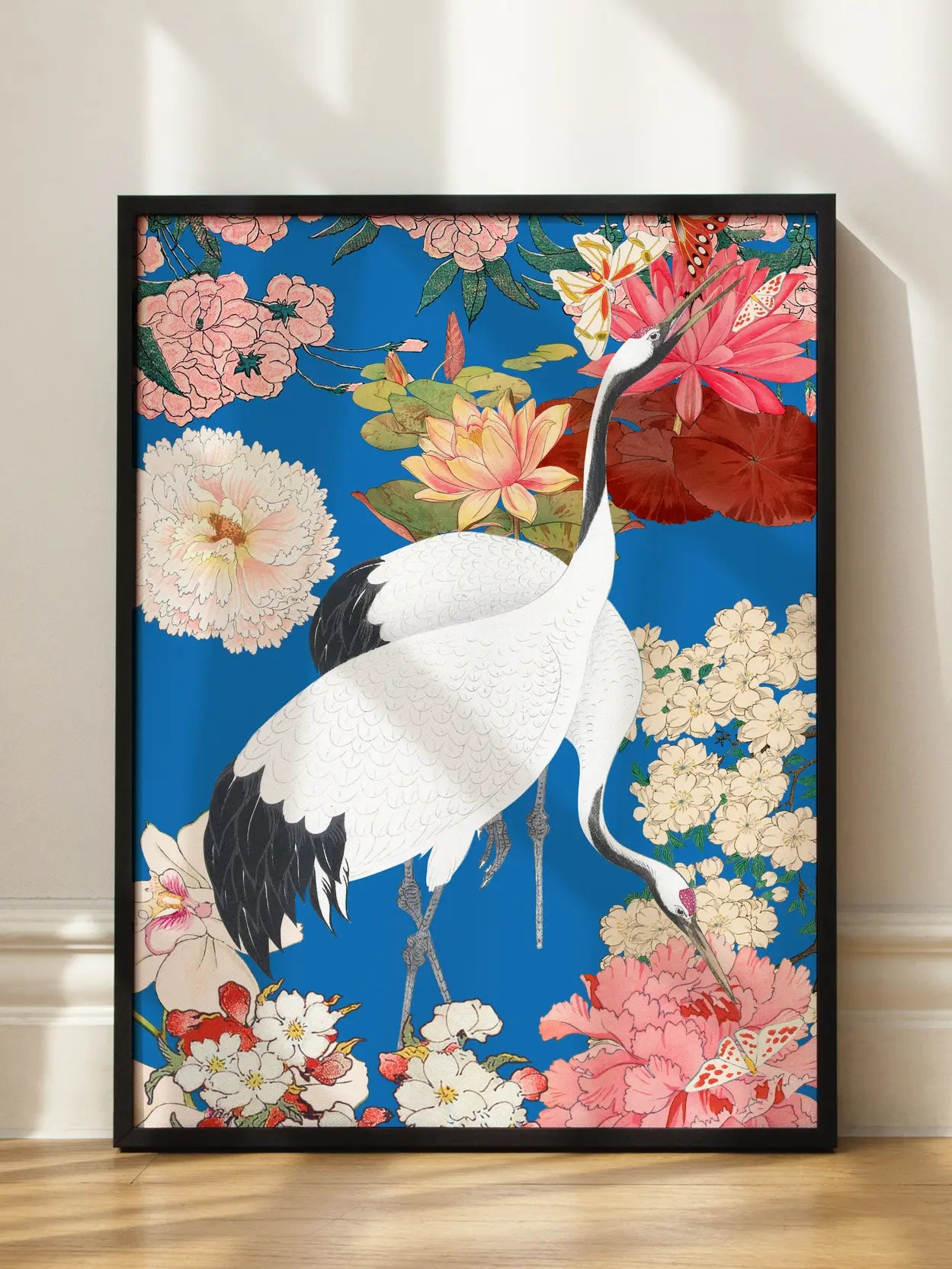 White Cranes And Pink Peonies On Blue