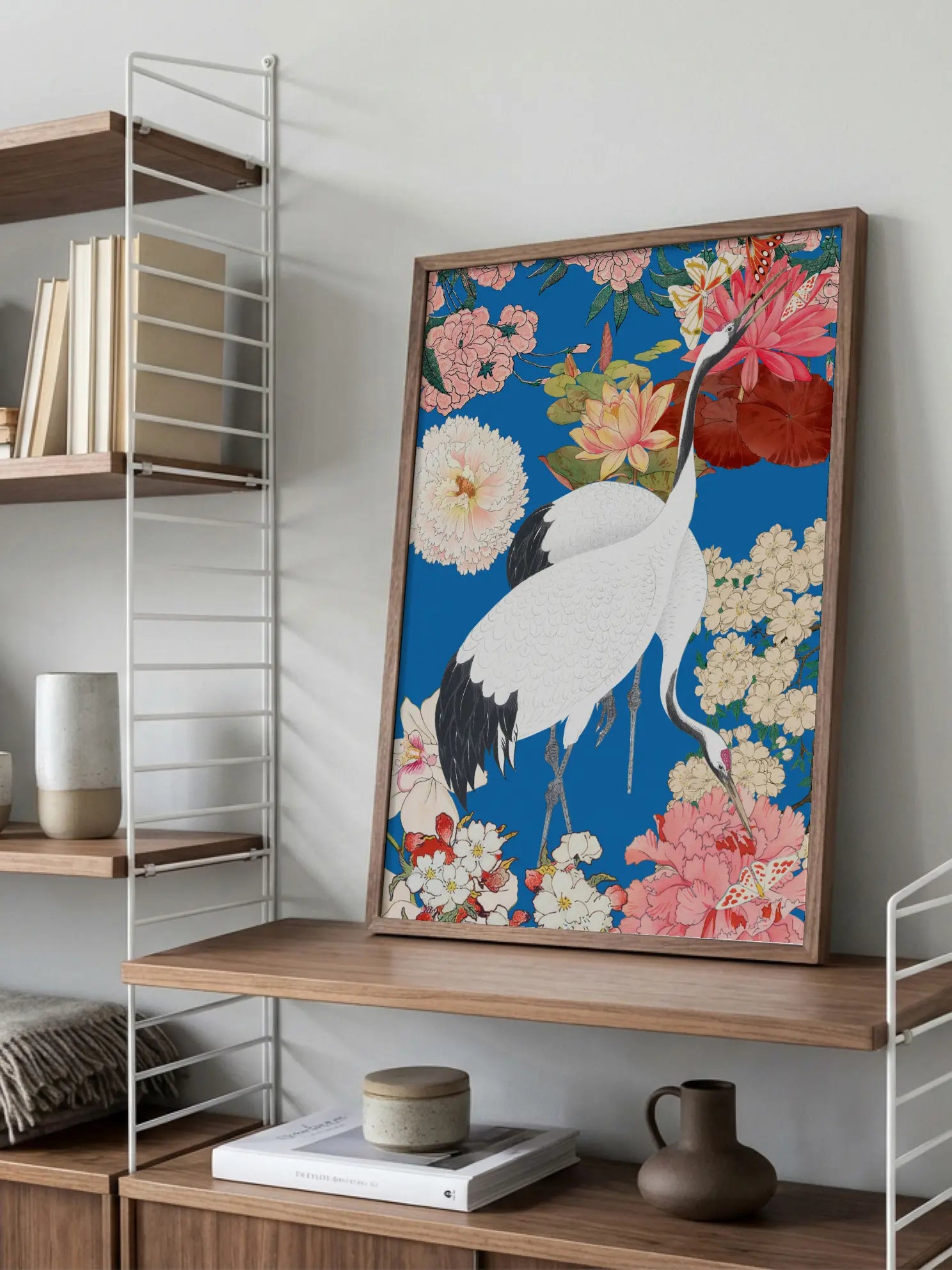 White Cranes And Pink Peonies On Blue Poster