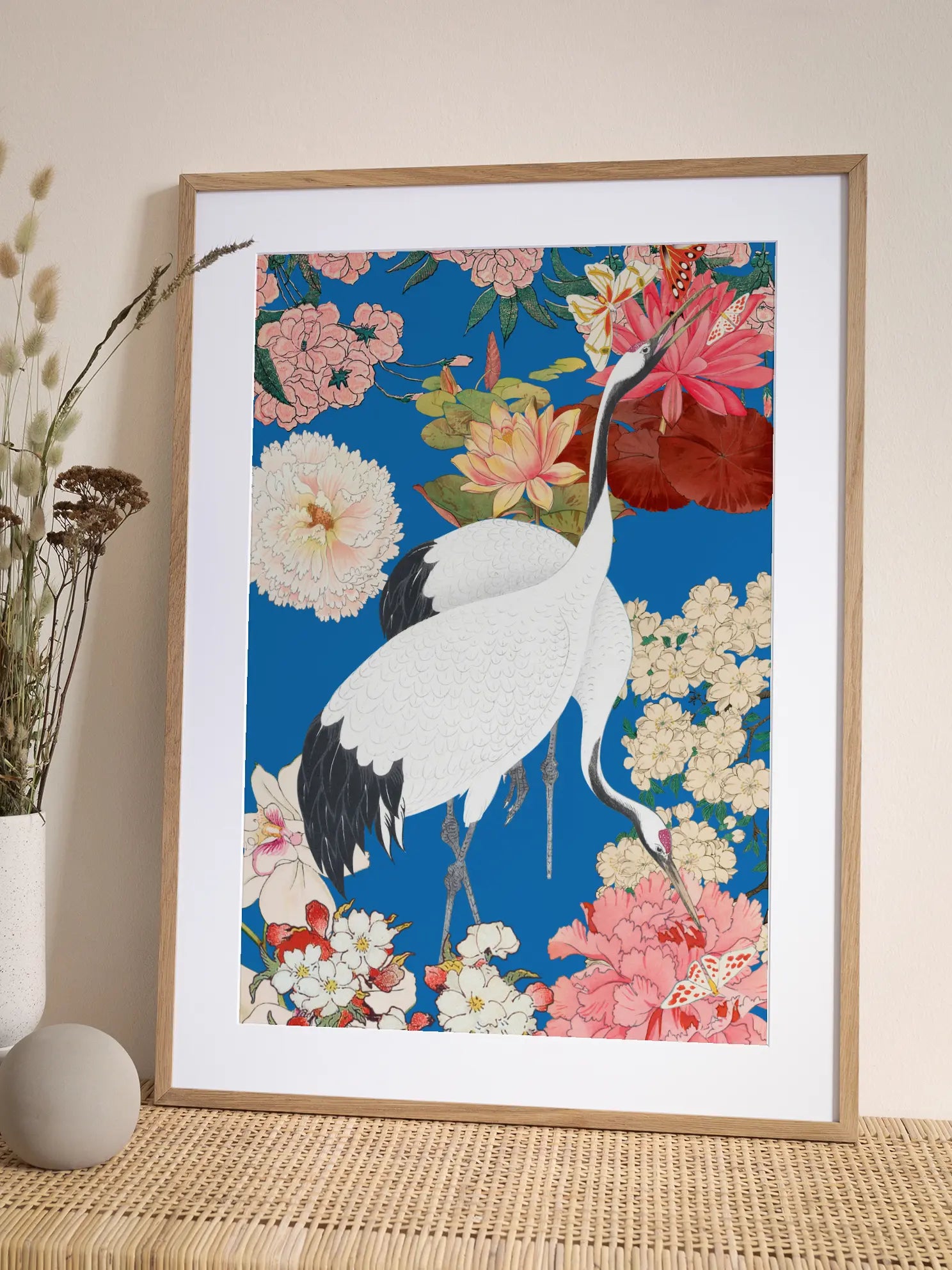 White Cranes And Pink Peonies On Blue Poster