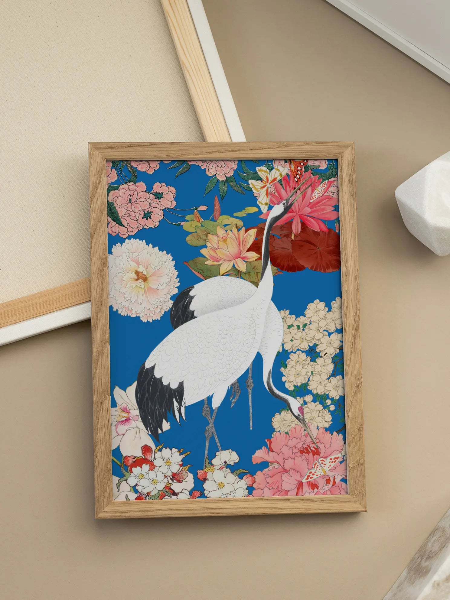 White Cranes And Pink Peonies On Blue Poster