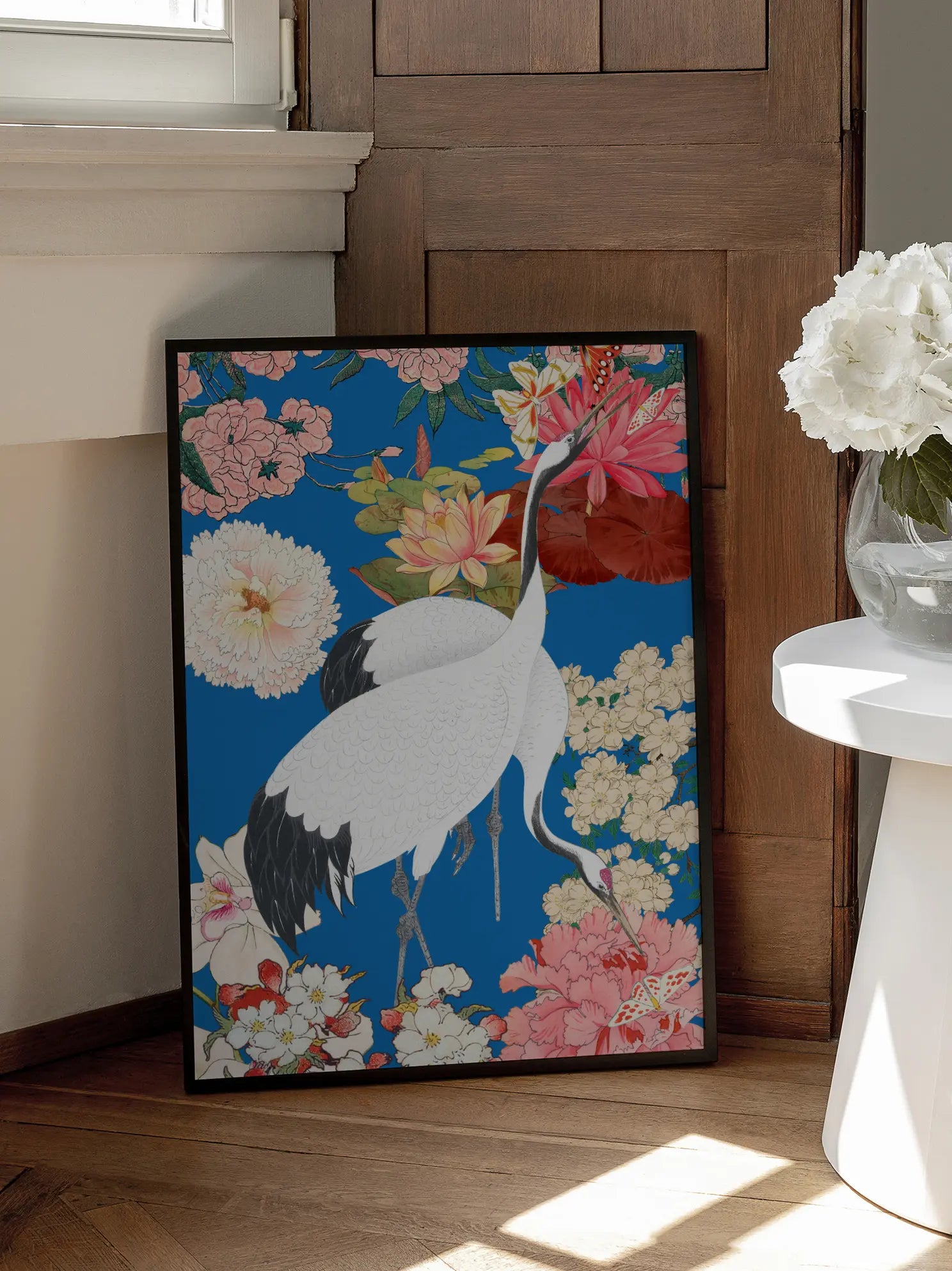 White Cranes And Pink Peonies On Blue Poster