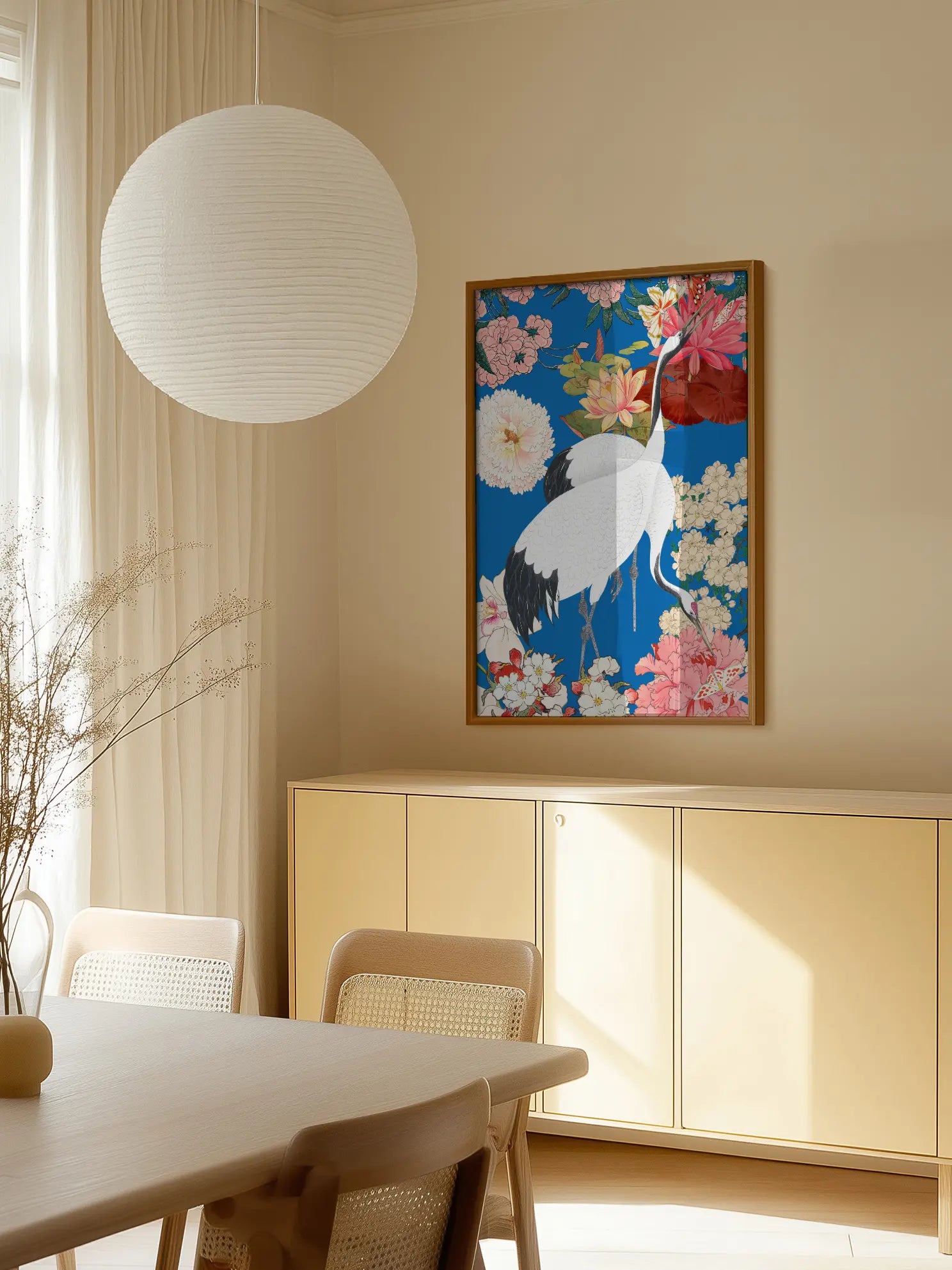 White Cranes And Pink Peonies On Blue Poster