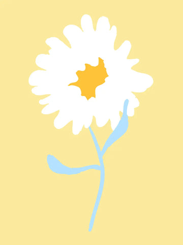 Eine einfache Illustration einer weißen Blume mit gelber Mitte auf gelbem Hintergrund.