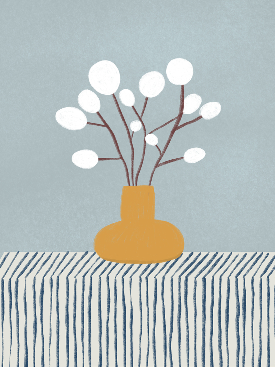 Illustration von weißen Blumen in einer gelben Vase auf einem gestreiften Tisch.