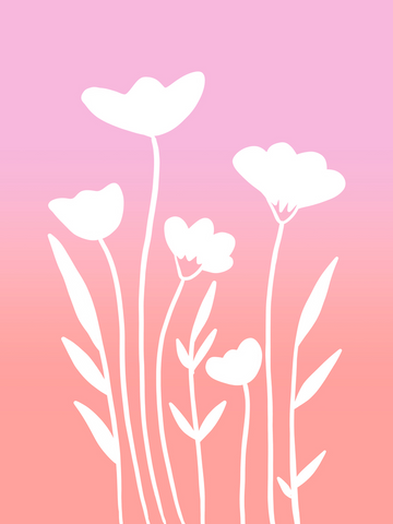 Weiße Blumen auf einem pink-orangefarbenen Farbverlaufshintergrund.