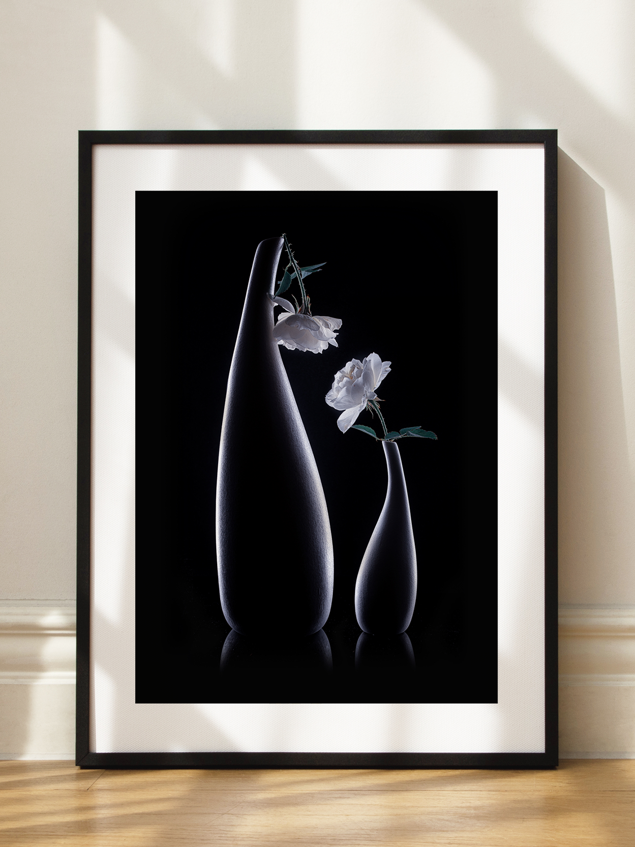 White Roses in Black Vases Poster