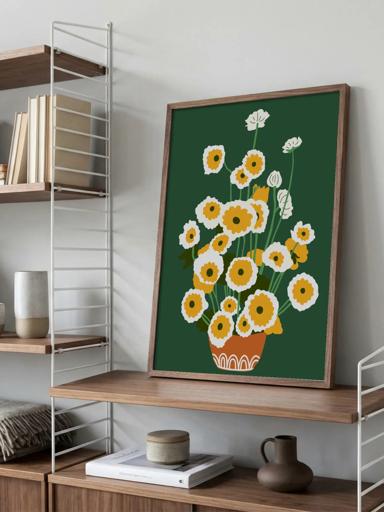 White Yellow Flowers Green Background Poster