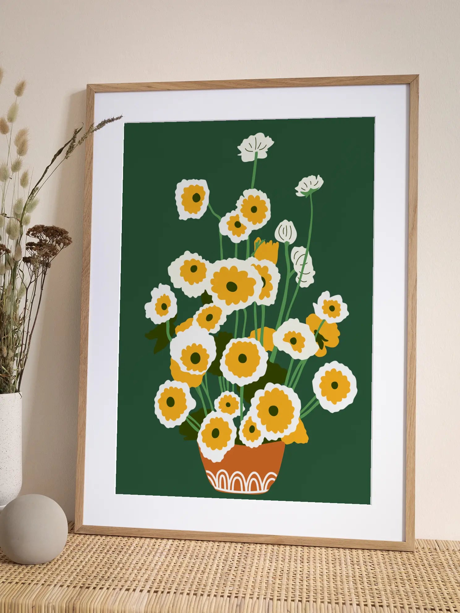 White Yellow Flowers Green Background Poster