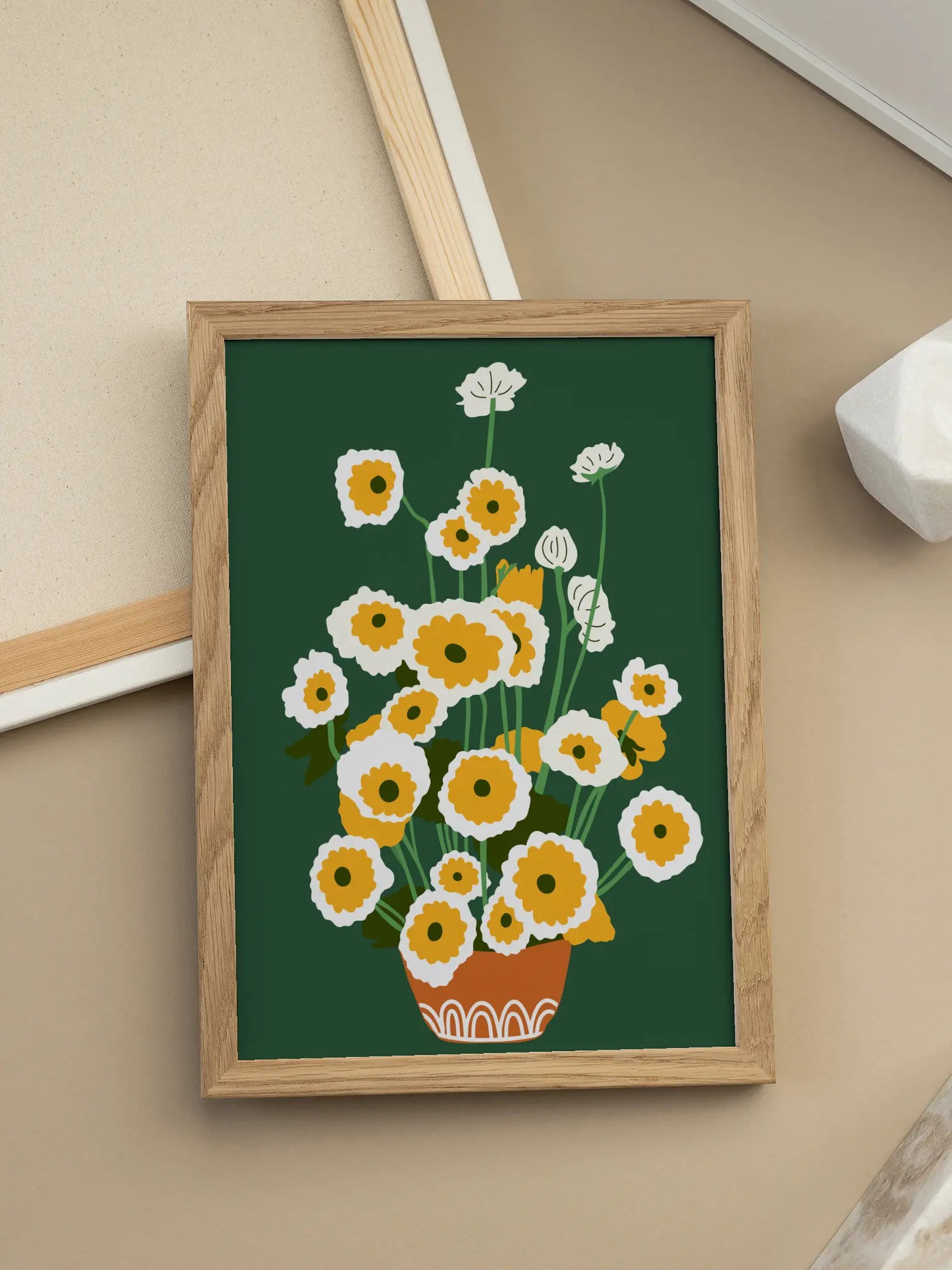 White Yellow Flowers Green Background Poster