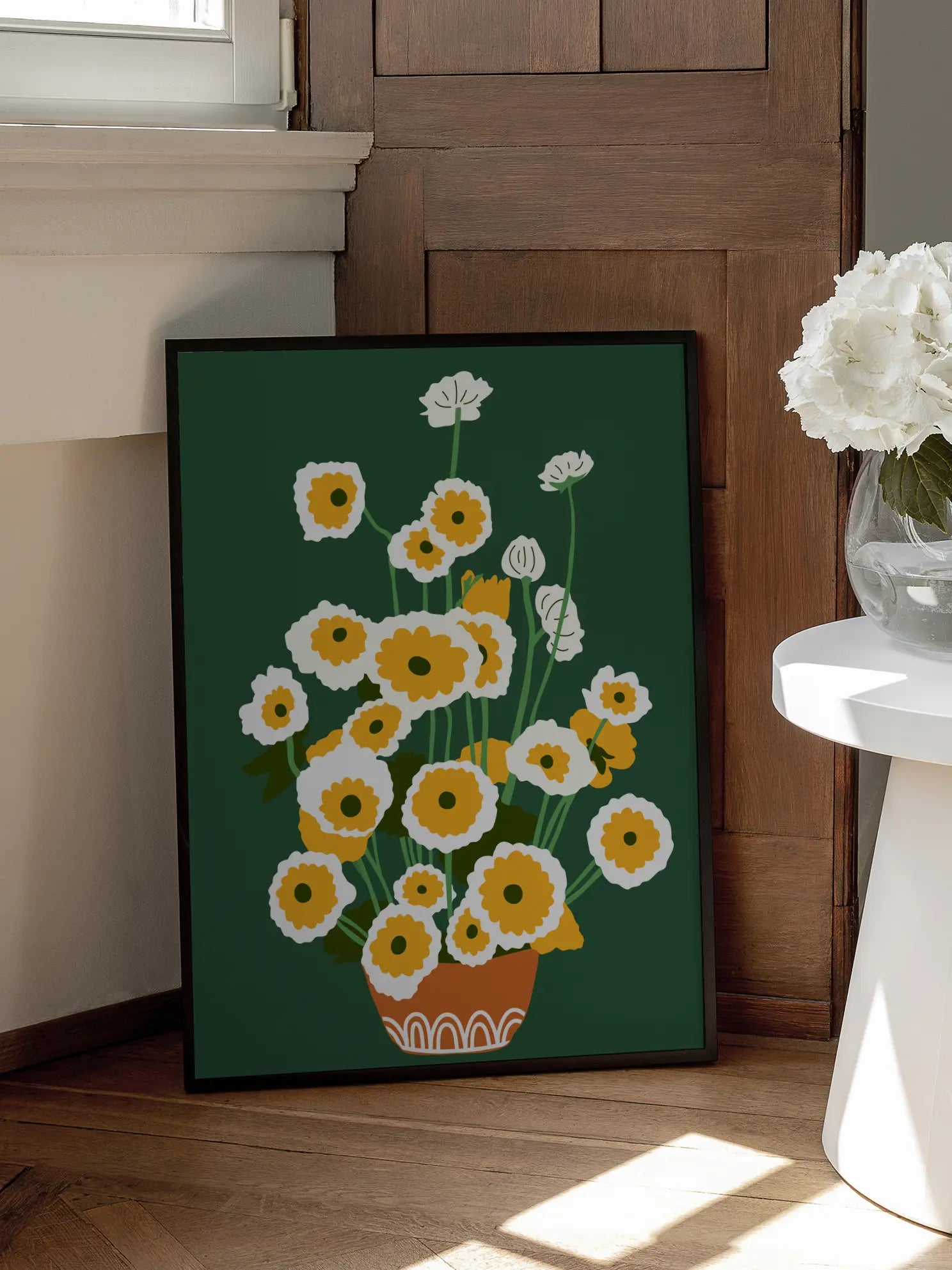 White Yellow Flowers Green Background Poster