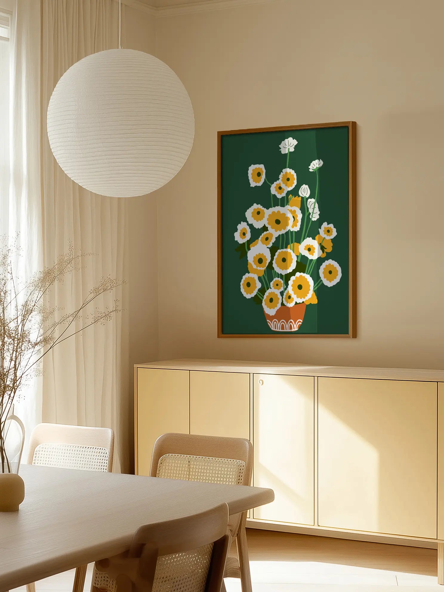 White Yellow Flowers Green Background Poster