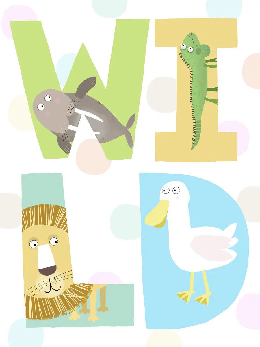 Bunte Buchstaben mit Tieren, die das Wort "WILD" bilden, vor einem gepunkteten Hintergrund.