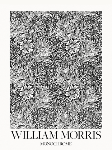 Monochromes Poster mit detailliertem Blumenmuster und dem Text "William Morris Monochrome" darunter.