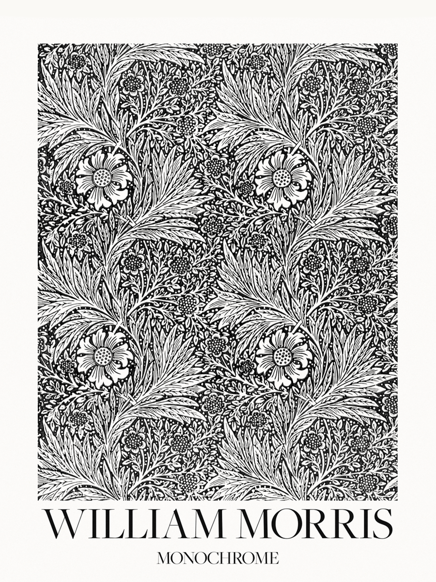 Monochromes Poster mit detailliertem Blumenmuster und dem Text "William Morris Monochrome" darunter.